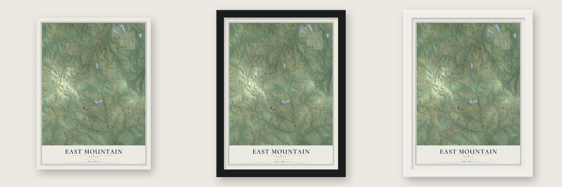 East Mountain, Texas map unframed, in a black wood frame and in a white wood frame