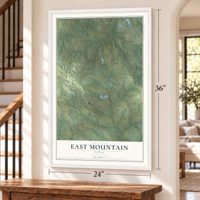 East Mountain, Texas map, 24 x 36 inch print in a white frame by a staircase