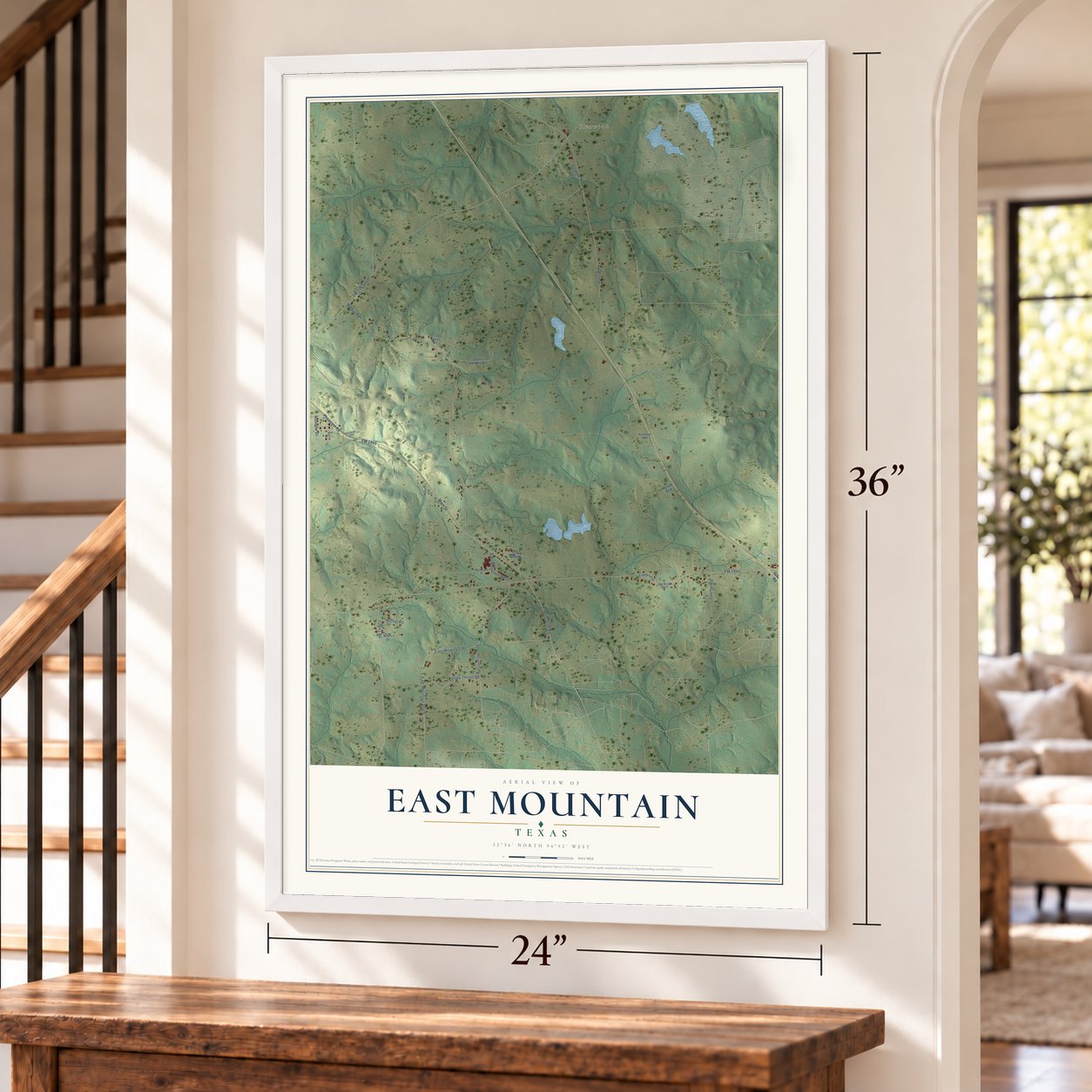 East Mountain, Texas map, 24 x 36 inch print in a white frame by a staircase
