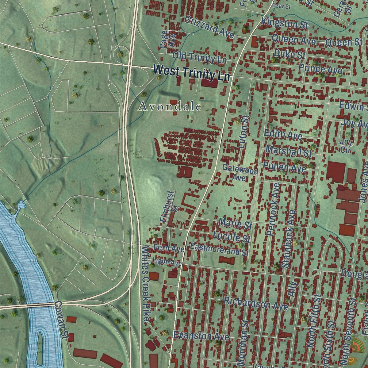 Second close-up of the map of East Nashville, Tennessee print showing more streets and buildings