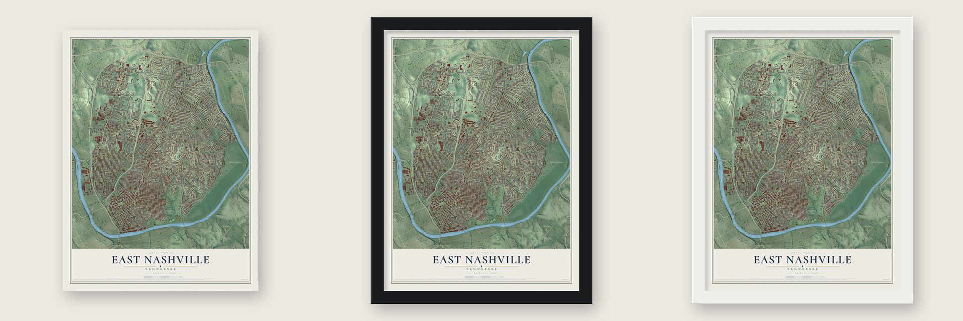 East Nashville, Tennessee map unframed, in a black wood frame and in a white wood frame