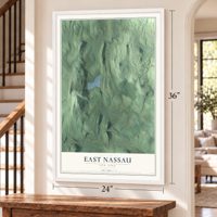 East Nassau, New York map, 24 x 36 inch print in a white frame by a staircase