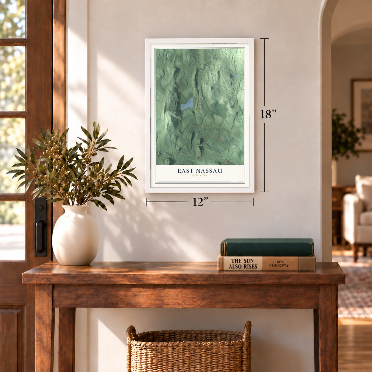 East Nassau, New York map, 12 x 18 inch print in a white frame in an entryway