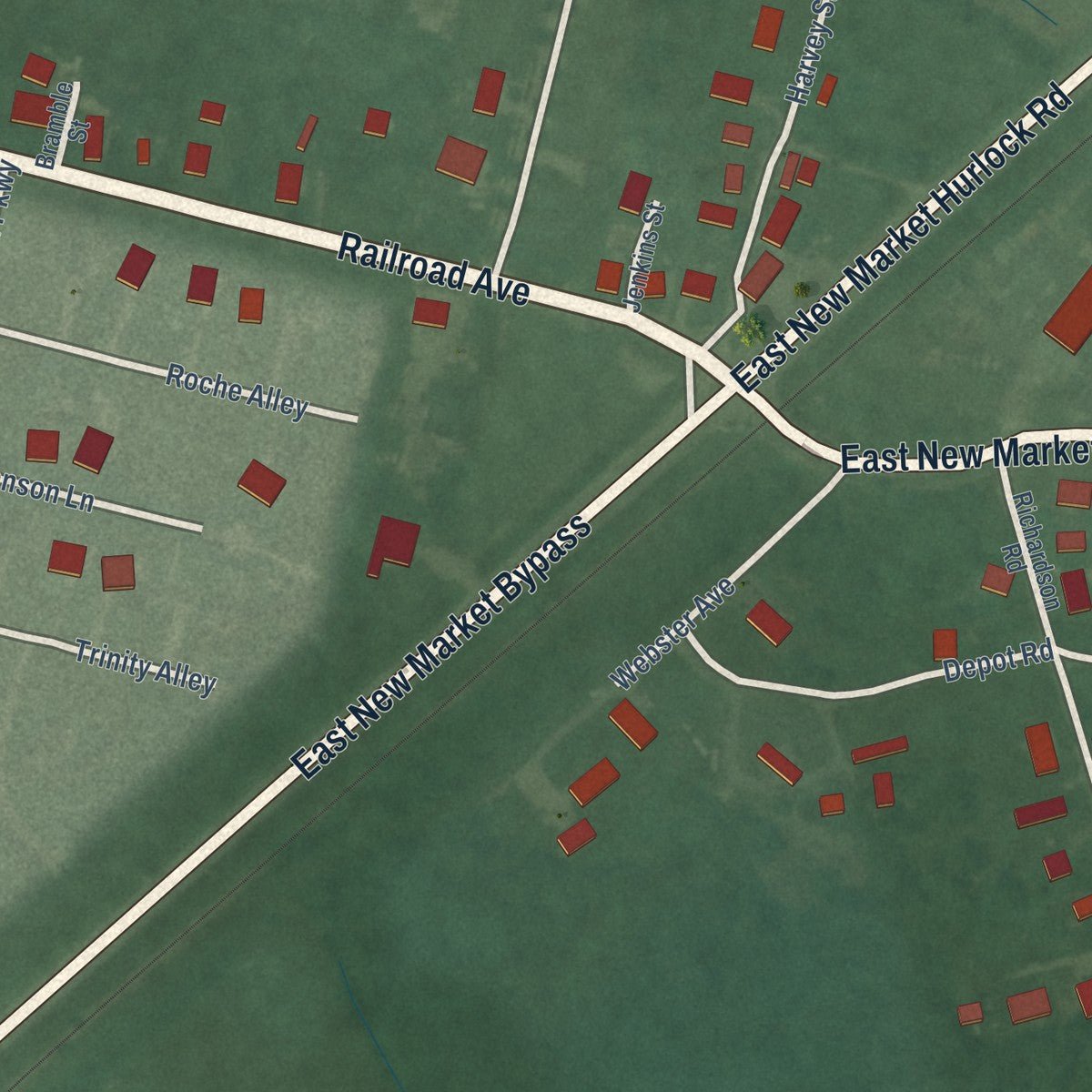 Second close-up of the map of East New Market, Maryland print showing more streets and buildings