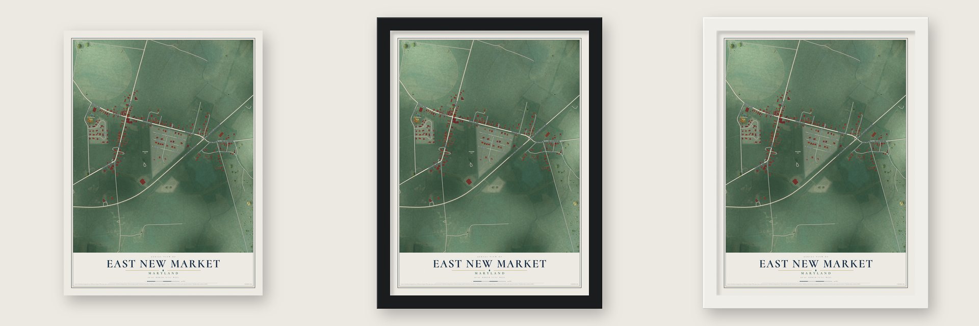 East New Market, Maryland map unframed, in a black wood frame and in a white wood frame