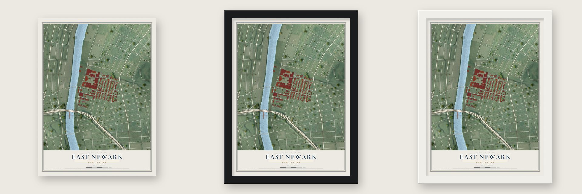 East Newark, New Jersey map unframed, in a black wood frame and in a white wood frame