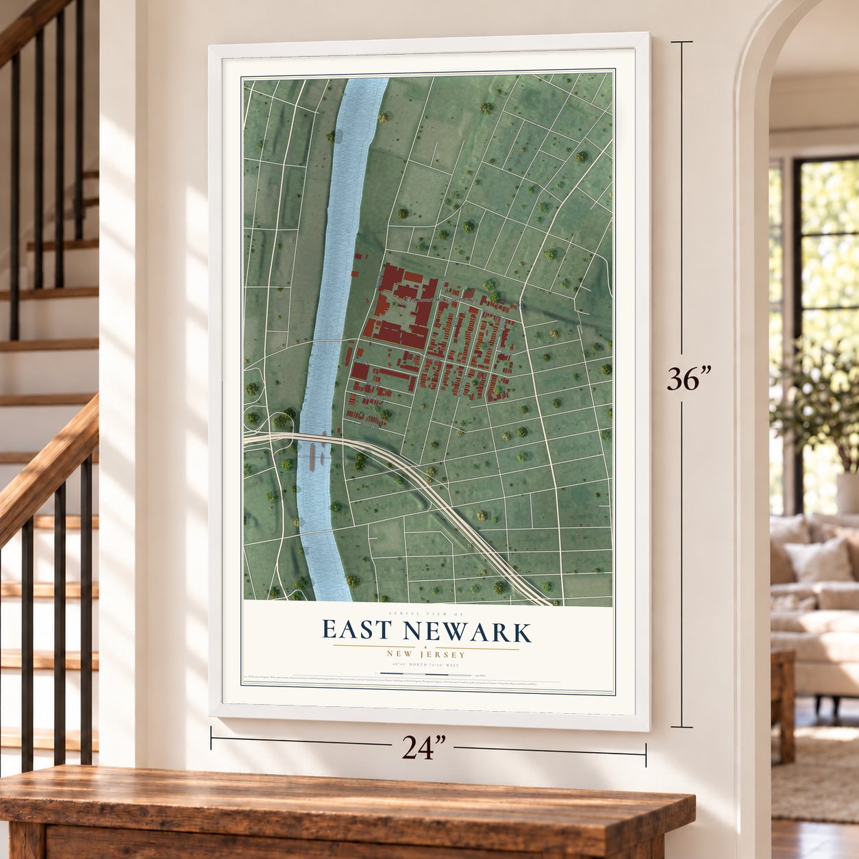 East Newark, New Jersey map, 24 x 36 inch print in a white frame by a staircase