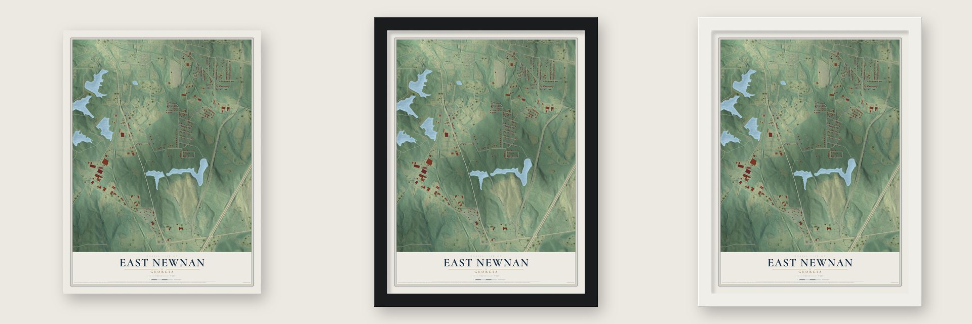 East Newnan, Georgia map unframed, in a black wood frame and in a white wood frame