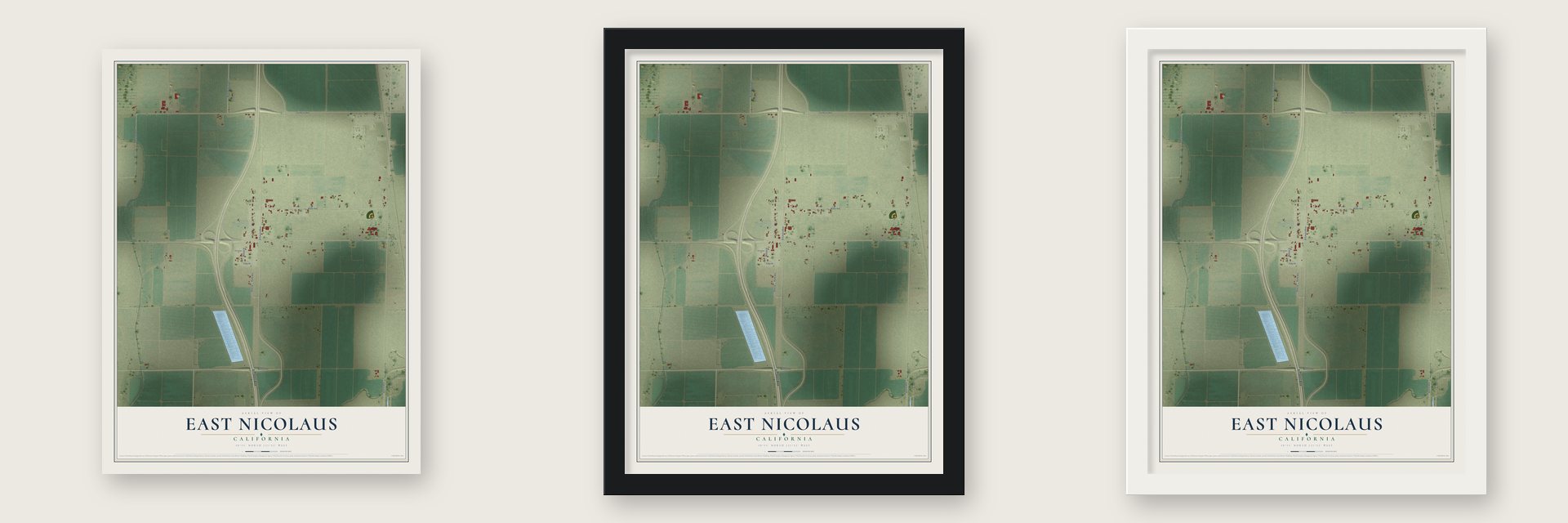 East Nicolaus, California map unframed, in a black wood frame and in a white wood frame