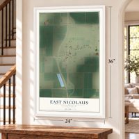 East Nicolaus, California map, 24 x 36 inch print in a white frame by a staircase
