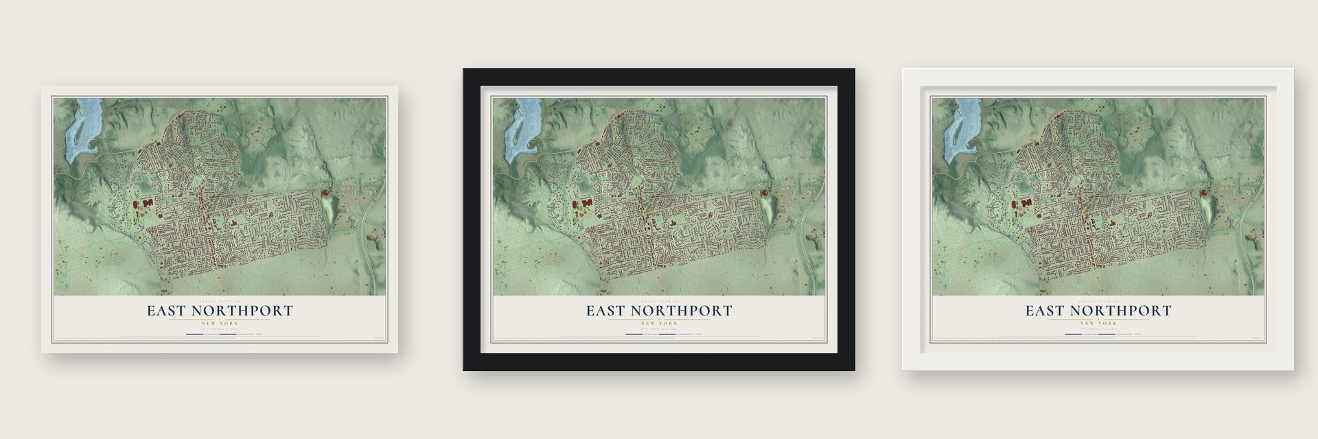 East Northport, New York map unframed, in a black wood frame and in a white wood frame