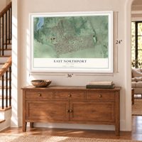 East Northport, New York map, 24 x 36 inch print in a white frame above a dresser by a staircase