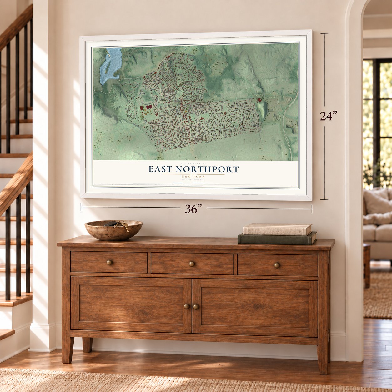 East Northport, New York map, 24 x 36 inch print in a white frame above a dresser by a staircase