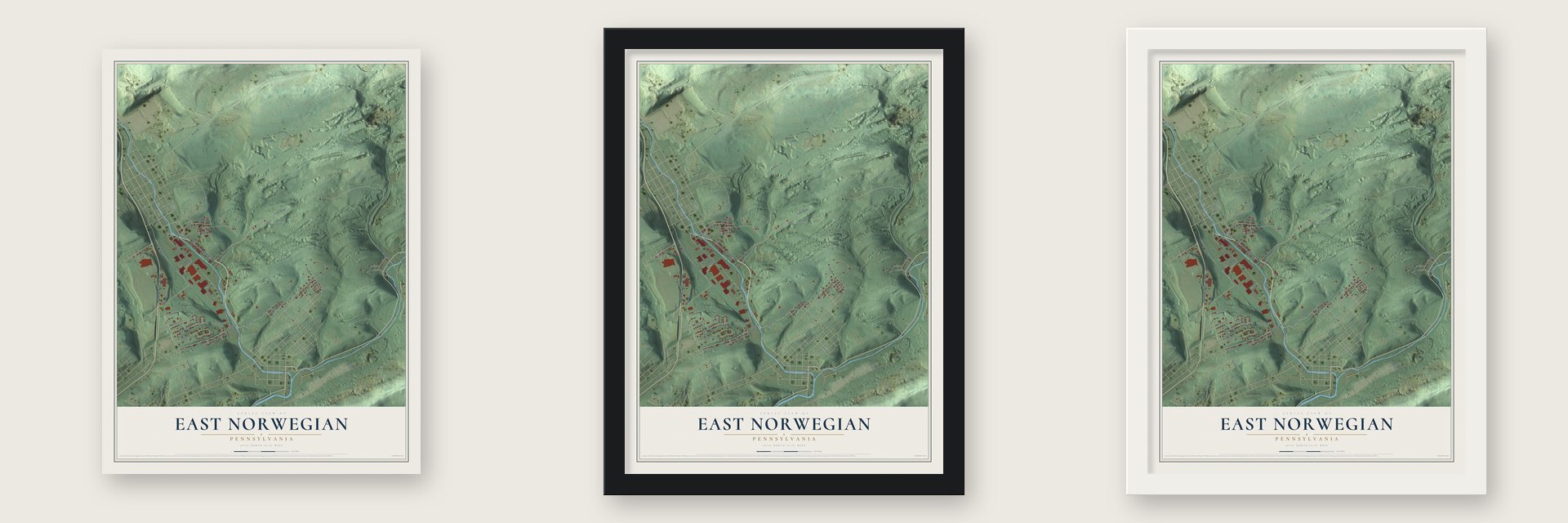 East Norwegian, Pennsylvania map unframed, in a black wood frame and in a white wood frame