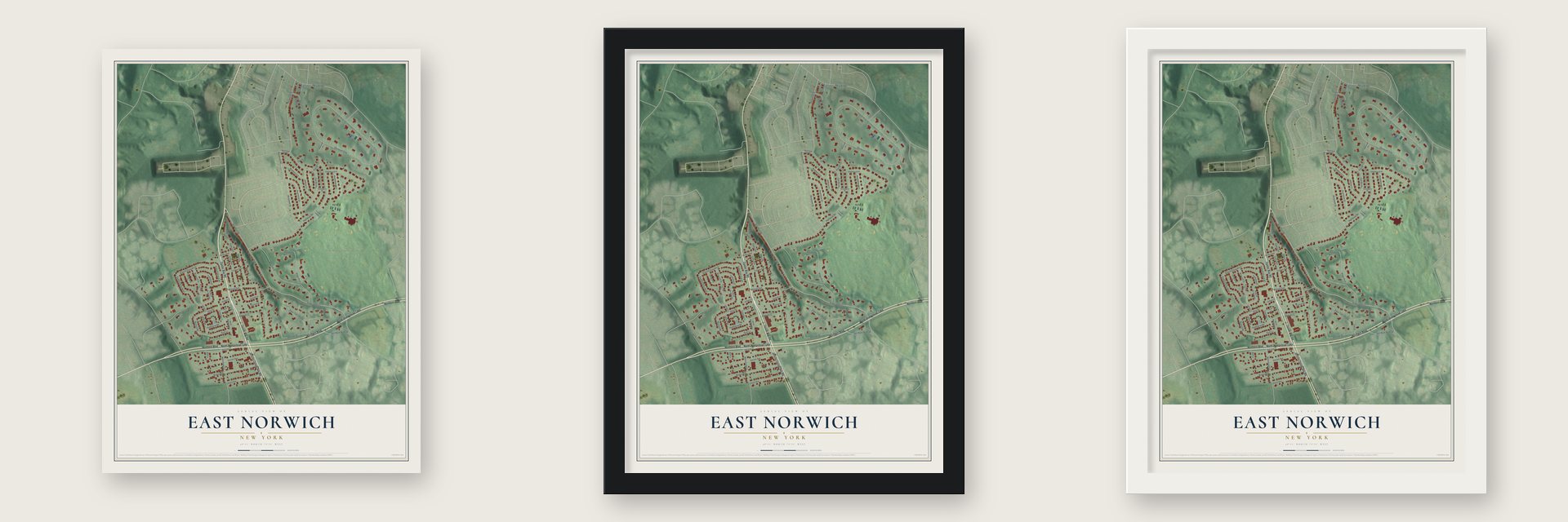 East Norwich, New York map unframed, in a black wood frame and in a white wood frame