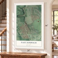 East Norwich, New York map, 24 x 36 inch print in a white frame by a staircase