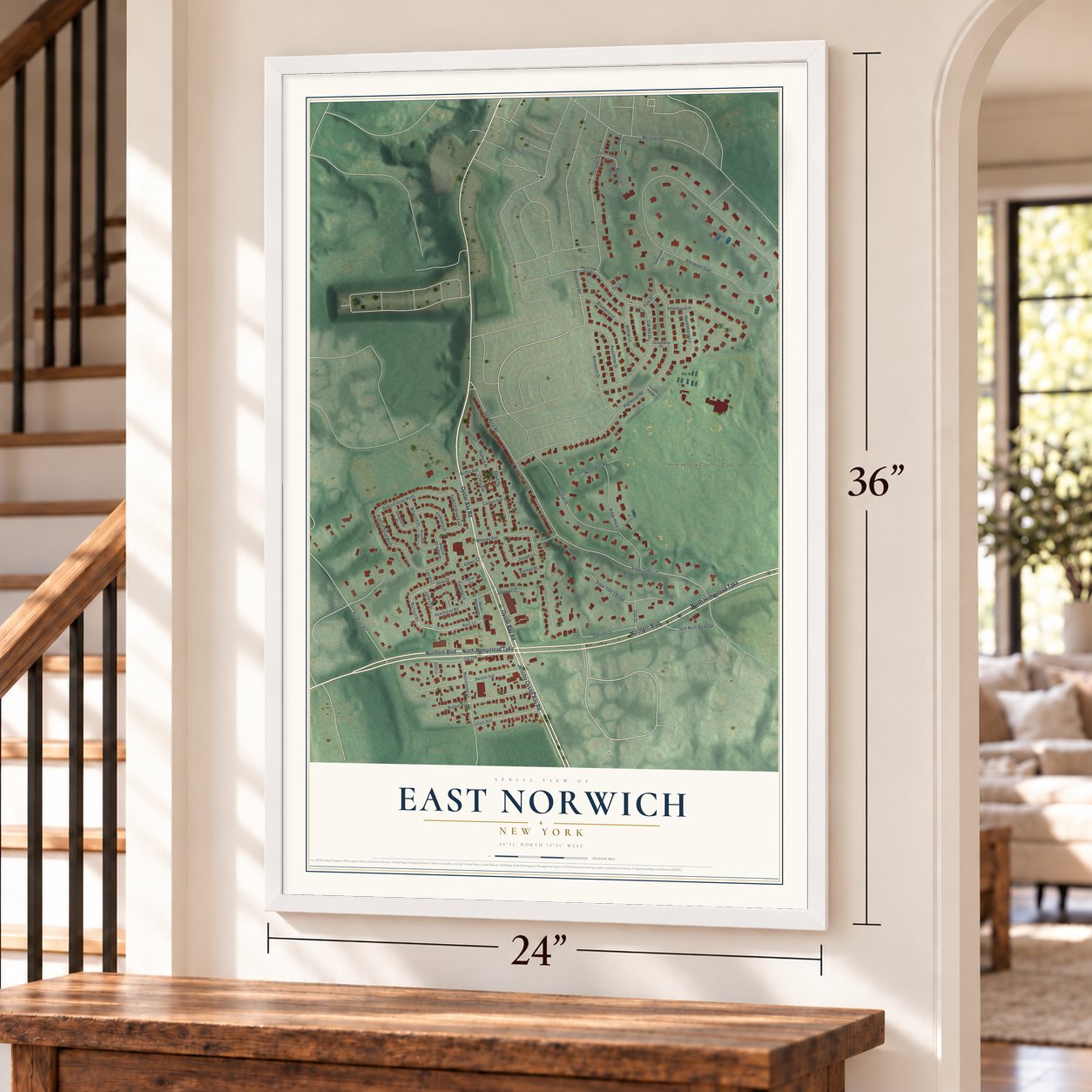 East Norwich, New York map, 24 x 36 inch print in a white frame by a staircase