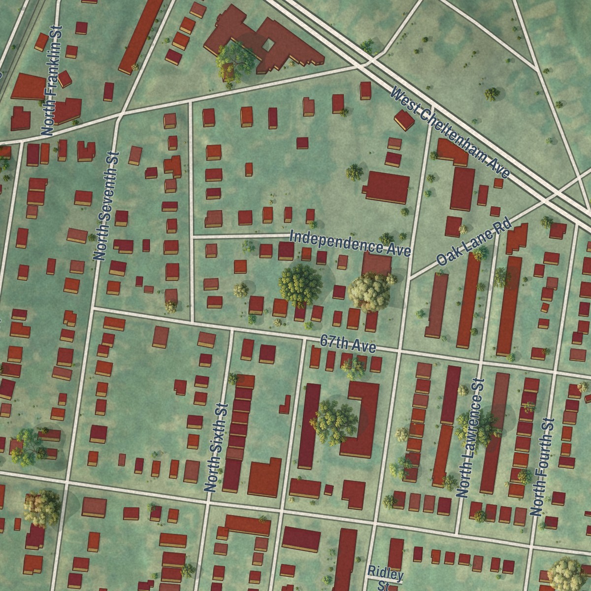 Second close-up of the map of East Oak Lane, Pennsylvania print showing more streets and buildings