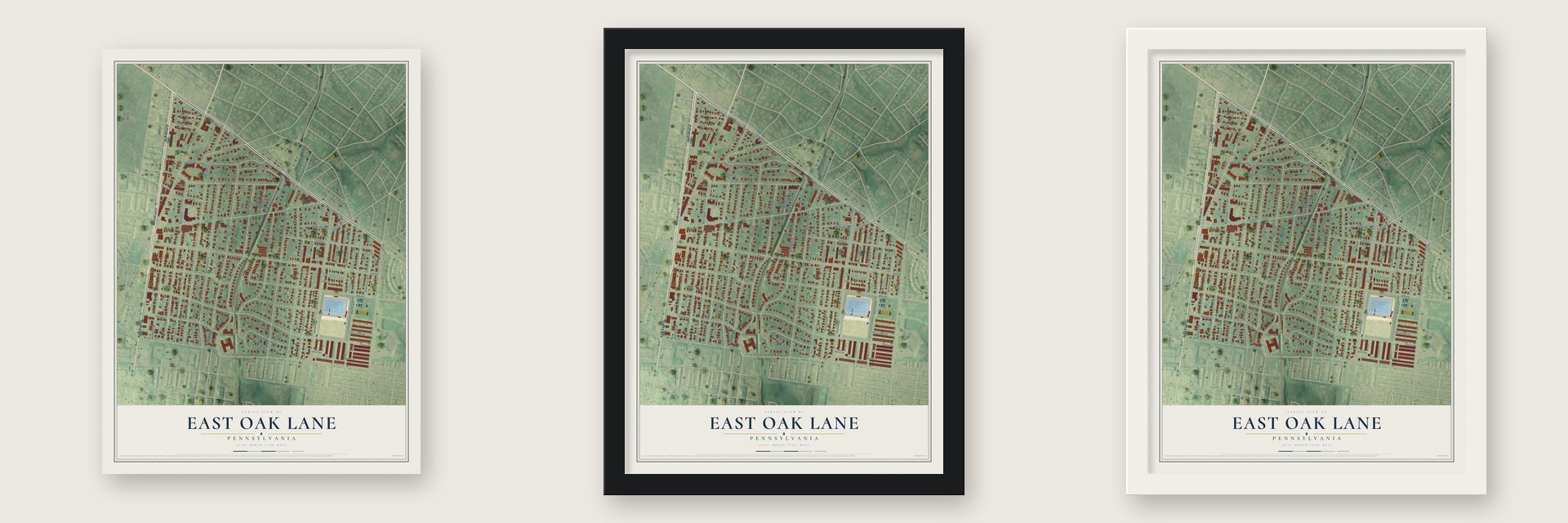 East Oak Lane, Pennsylvania map unframed, in a black wood frame and in a white wood frame