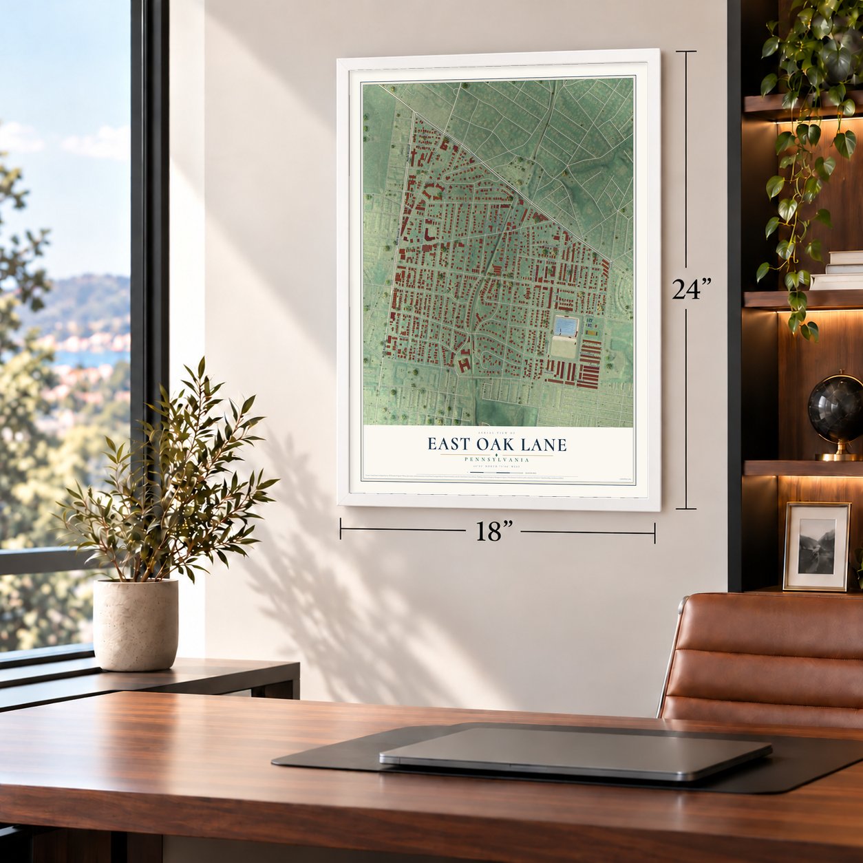 East Oak Lane, Pennsylvania map, 18 x 24 inch print in a white frame in a home office