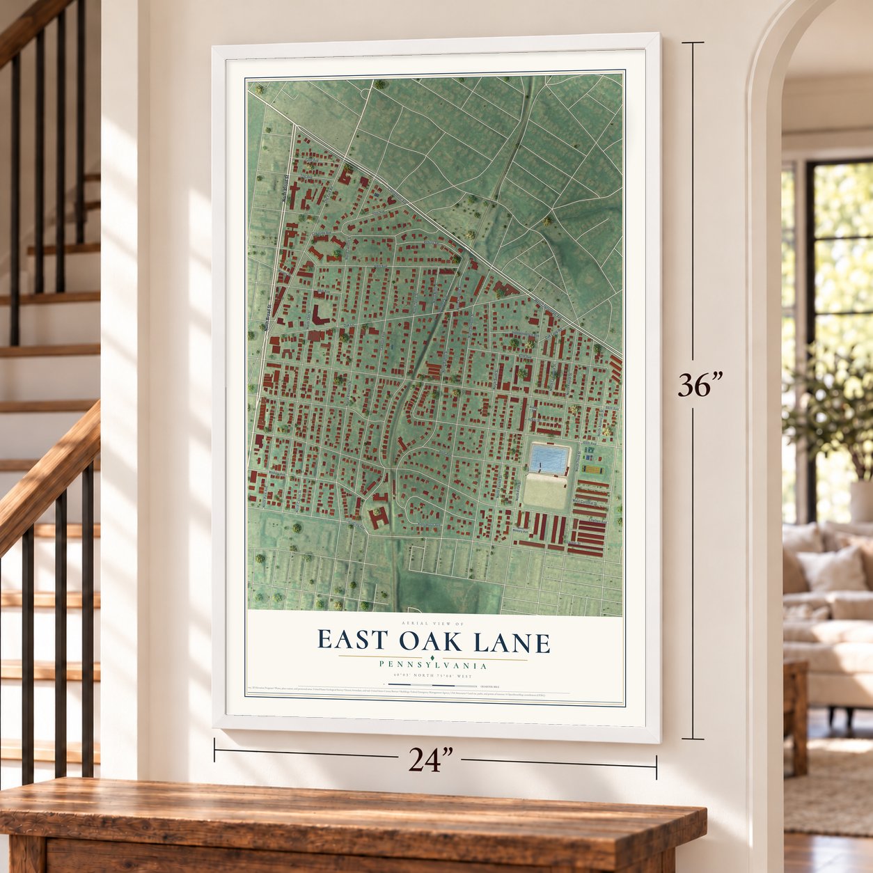 East Oak Lane, Pennsylvania map, 24 x 36 inch print in a white frame by a staircase