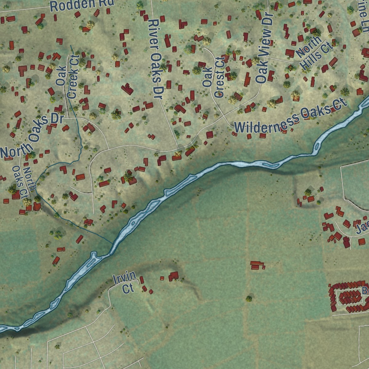 Second close-up of the map of East Oakdale, California print showing more streets and buildings