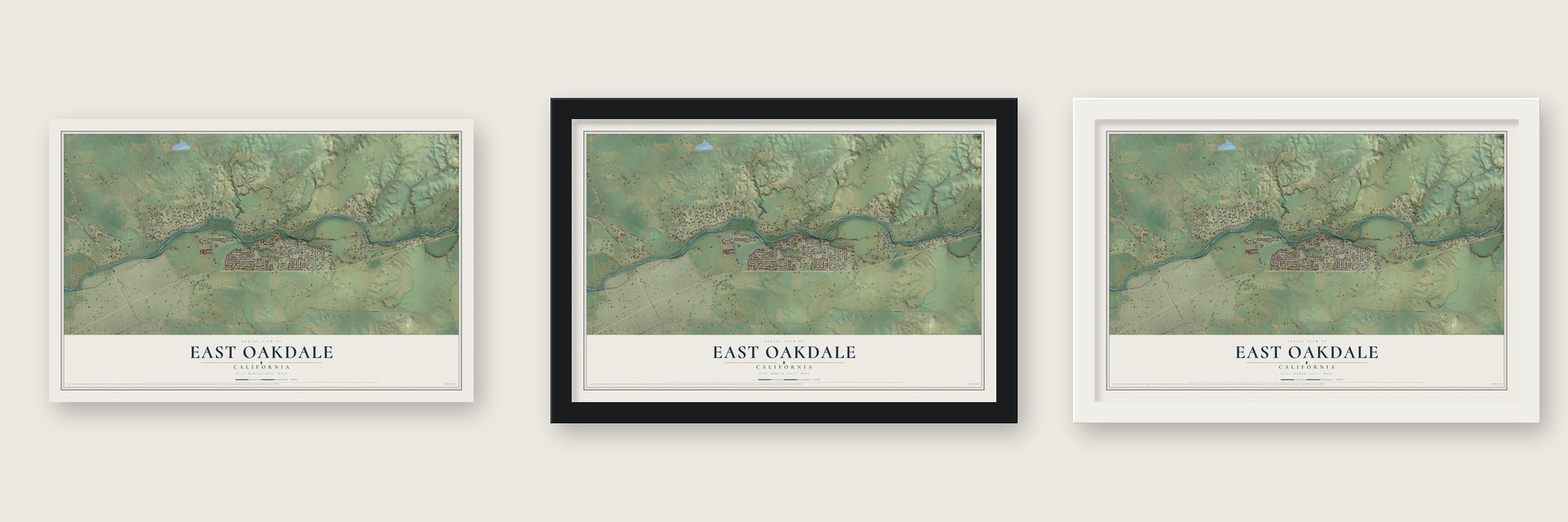 East Oakdale, California map unframed, in a black wood frame and in a white wood frame