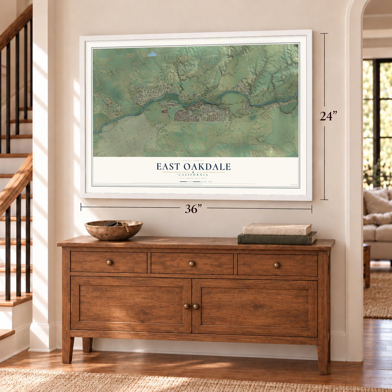 East Oakdale, California map, 24 x 36 inch print in a white frame above a dresser by a staircase