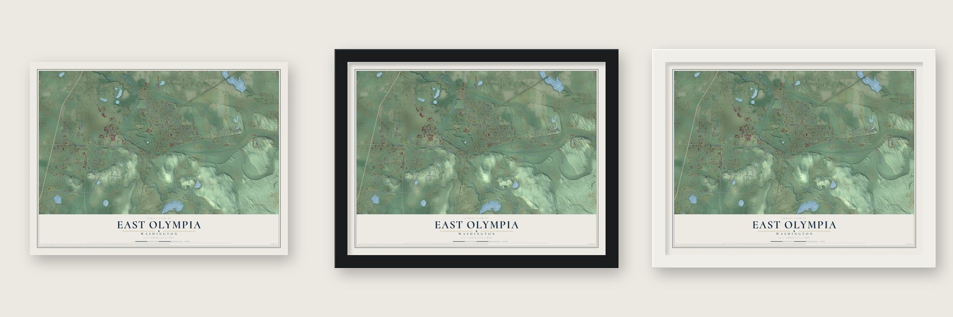 East Olympia, Washington map unframed, in a black wood frame and in a white wood frame