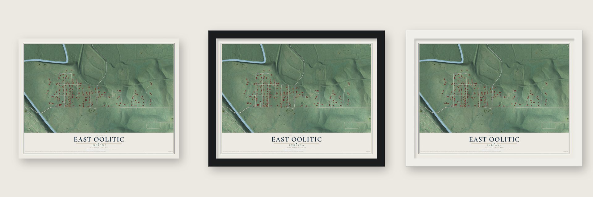 East Oolitic, Indiana map unframed, in a black wood frame and in a white wood frame