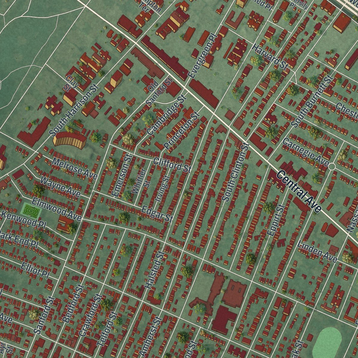 Second close-up of the map of East Orange, New Jersey print showing more streets and buildings
