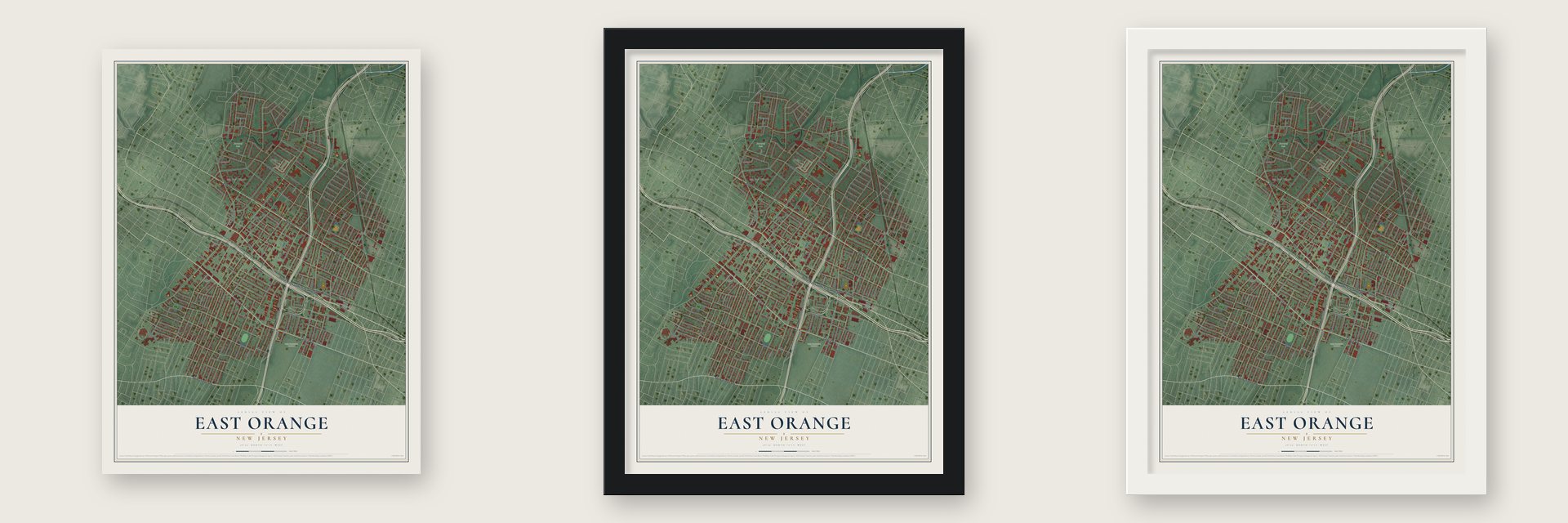 East Orange, New Jersey map unframed, in a black wood frame and in a white wood frame