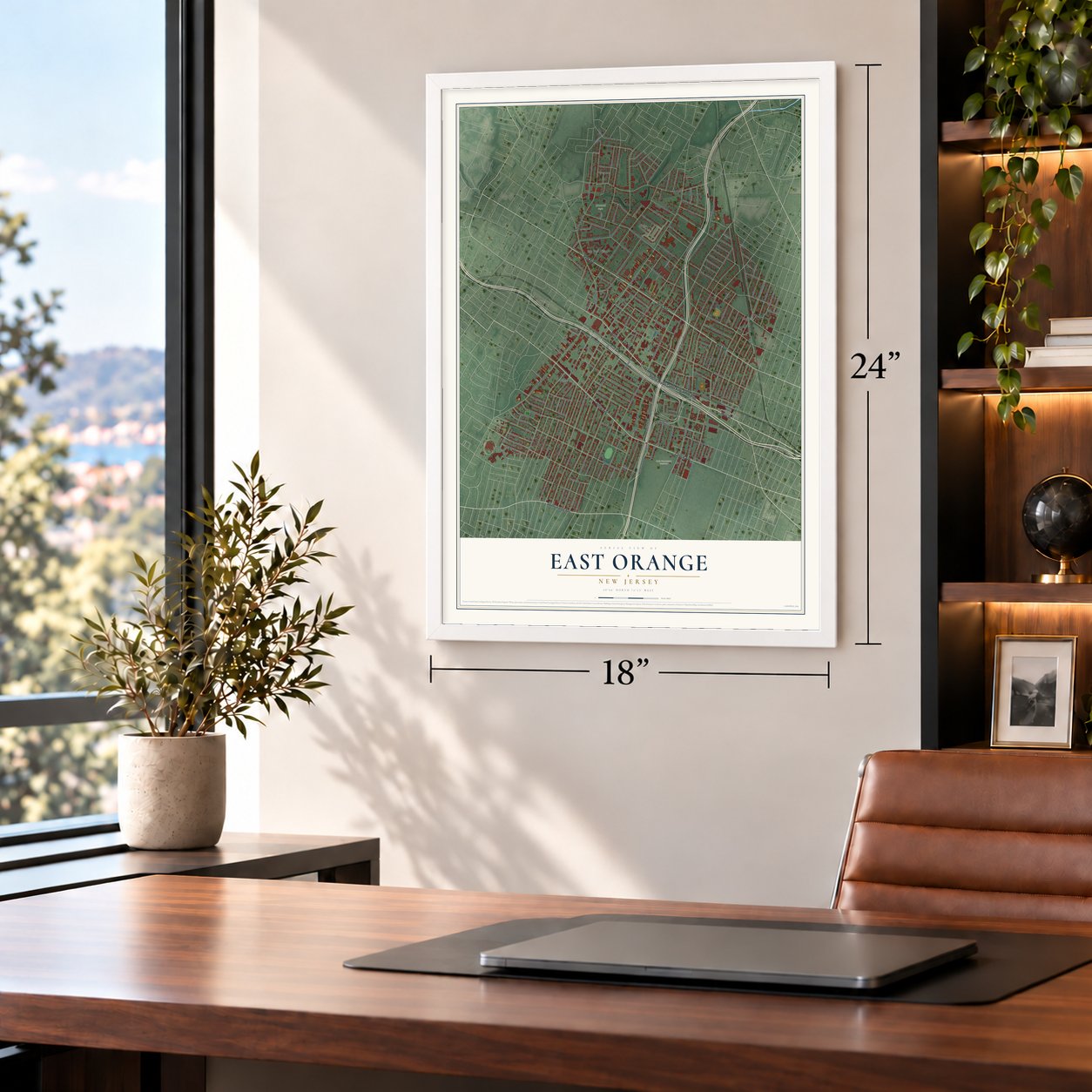 East Orange, New Jersey map, 18 x 24 inch print in a white frame in a home office