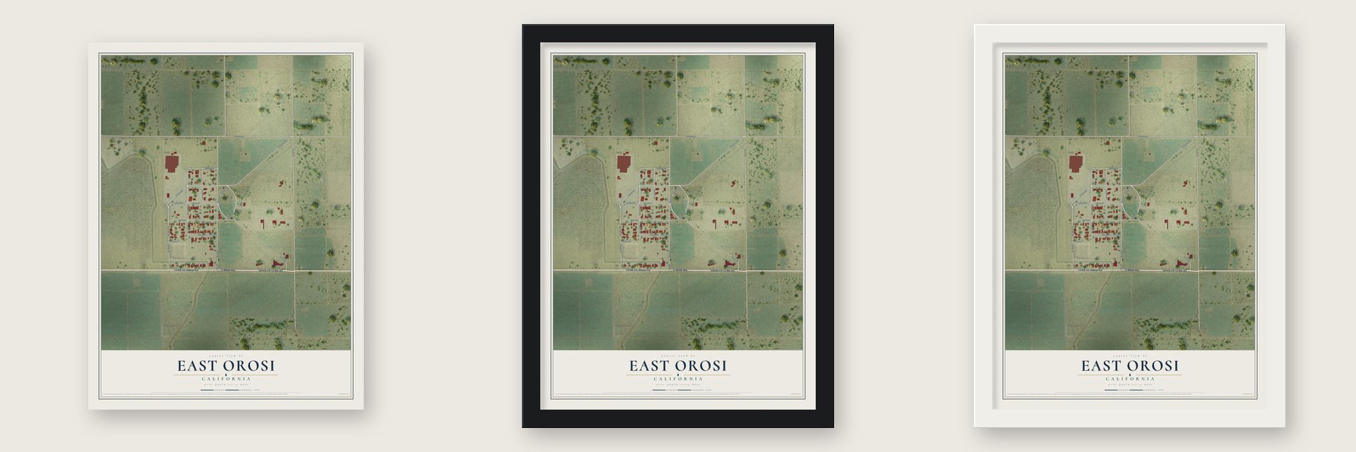 East Orosi, California map unframed, in a black wood frame and in a white wood frame