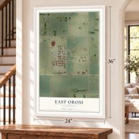 East Orosi, California map, 24 x 36 inch print in a white frame by a staircase