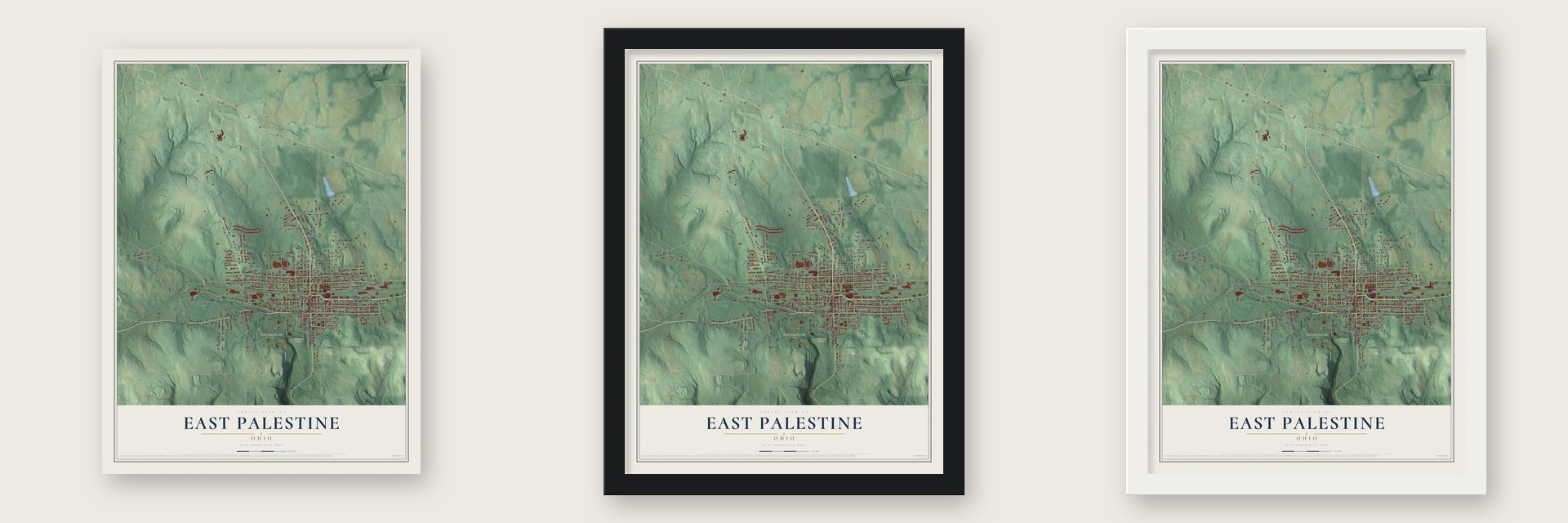 East Palestine, Ohio map unframed, in a black wood frame and in a white wood frame
