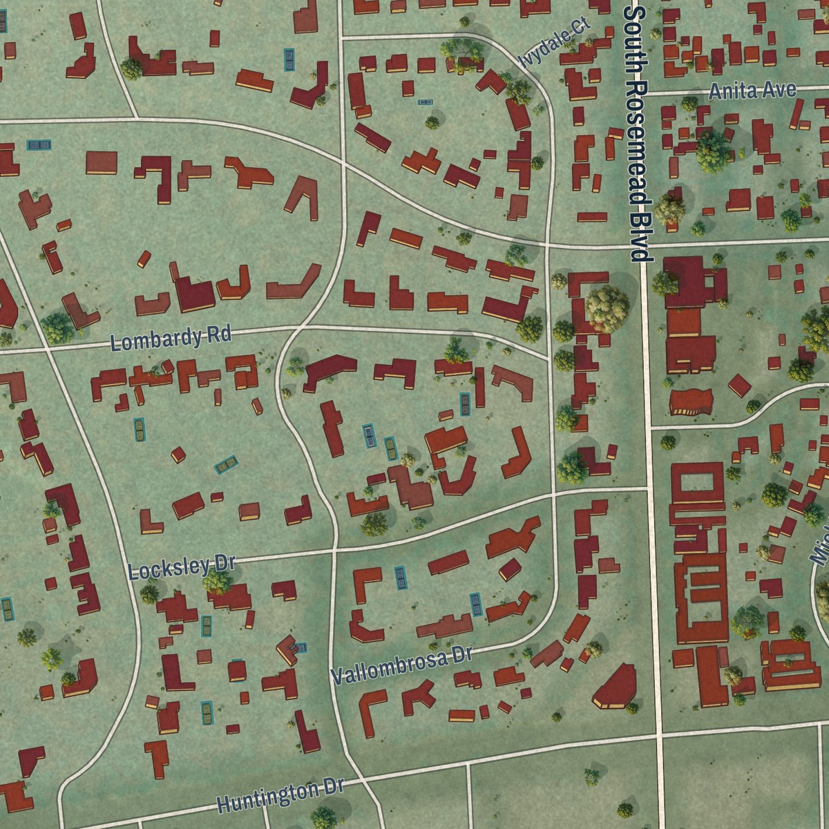 Second close-up of the map of East Pasadena, California print showing more streets and buildings
