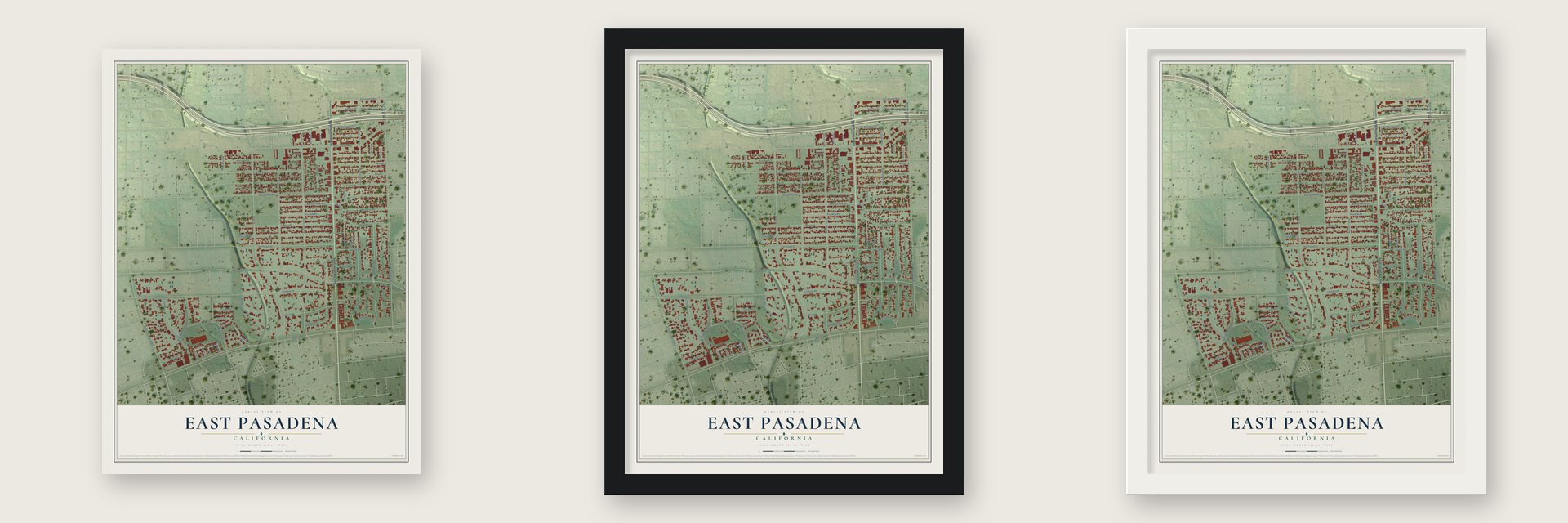 East Pasadena, California map unframed, in a black wood frame and in a white wood frame
