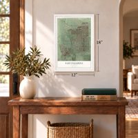 East Pasadena, California map, 12 x 18 inch print in a white frame in an entryway