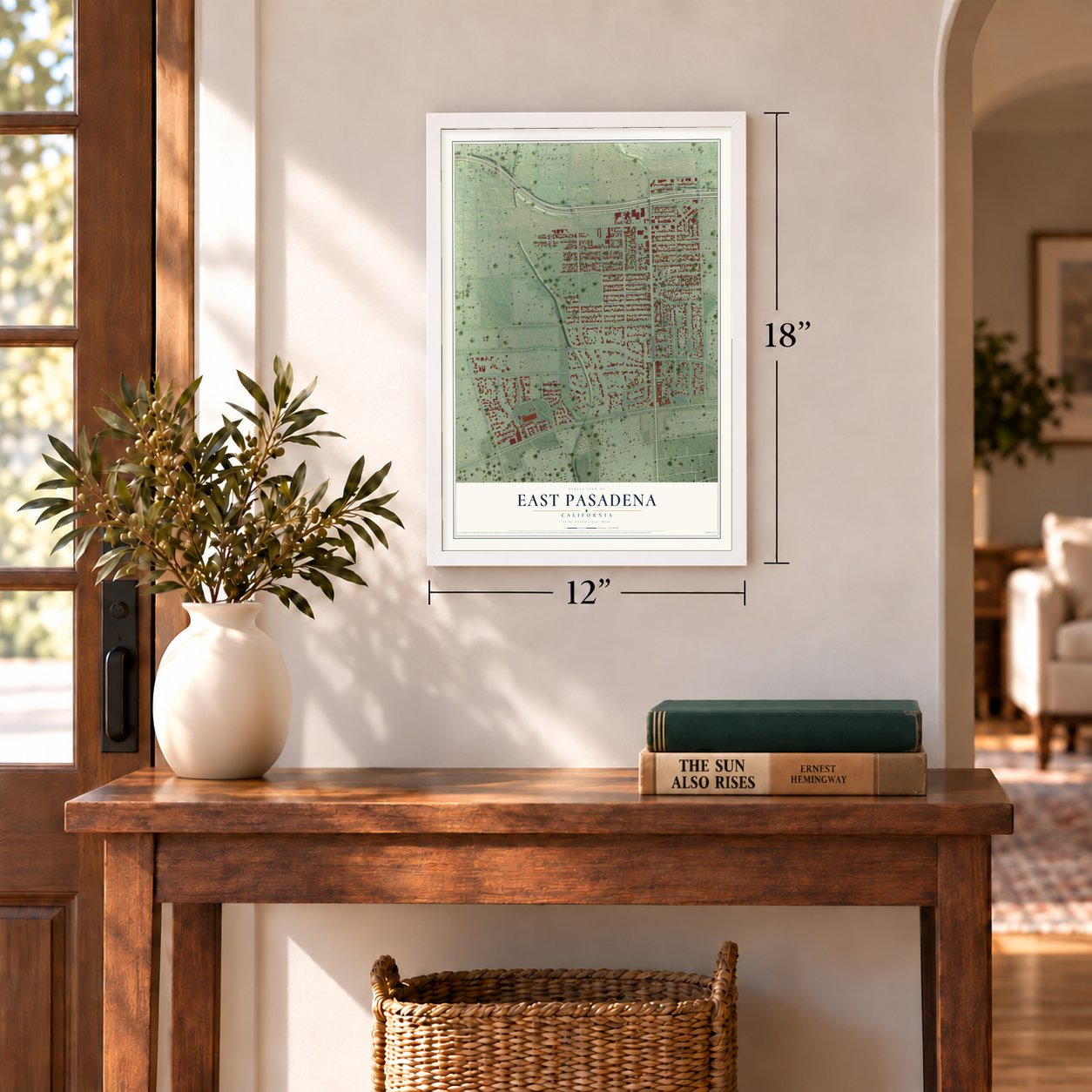 East Pasadena, California map, 12 x 18 inch print in a white frame in an entryway