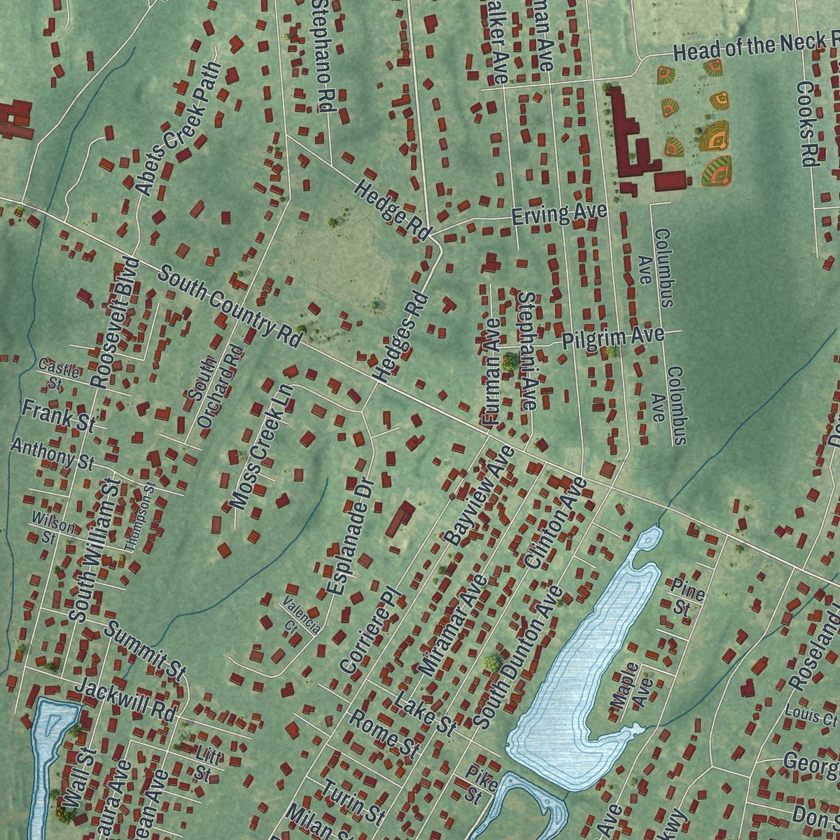 Second close-up of the map of East Patchogue, New York print showing more streets and buildings