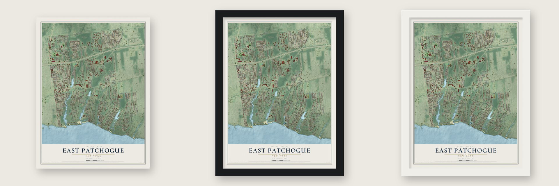 East Patchogue, New York map unframed, in a black wood frame and in a white wood frame