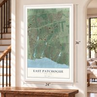 East Patchogue, New York map, 24 x 36 inch print in a white frame by a staircase