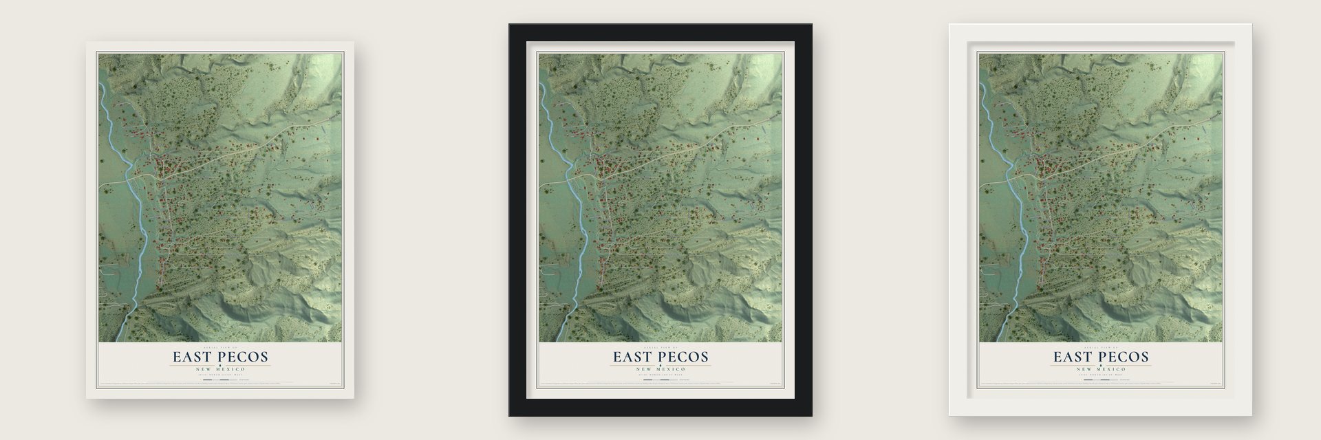 East Pecos, New Mexico map unframed, in a black wood frame and in a white wood frame