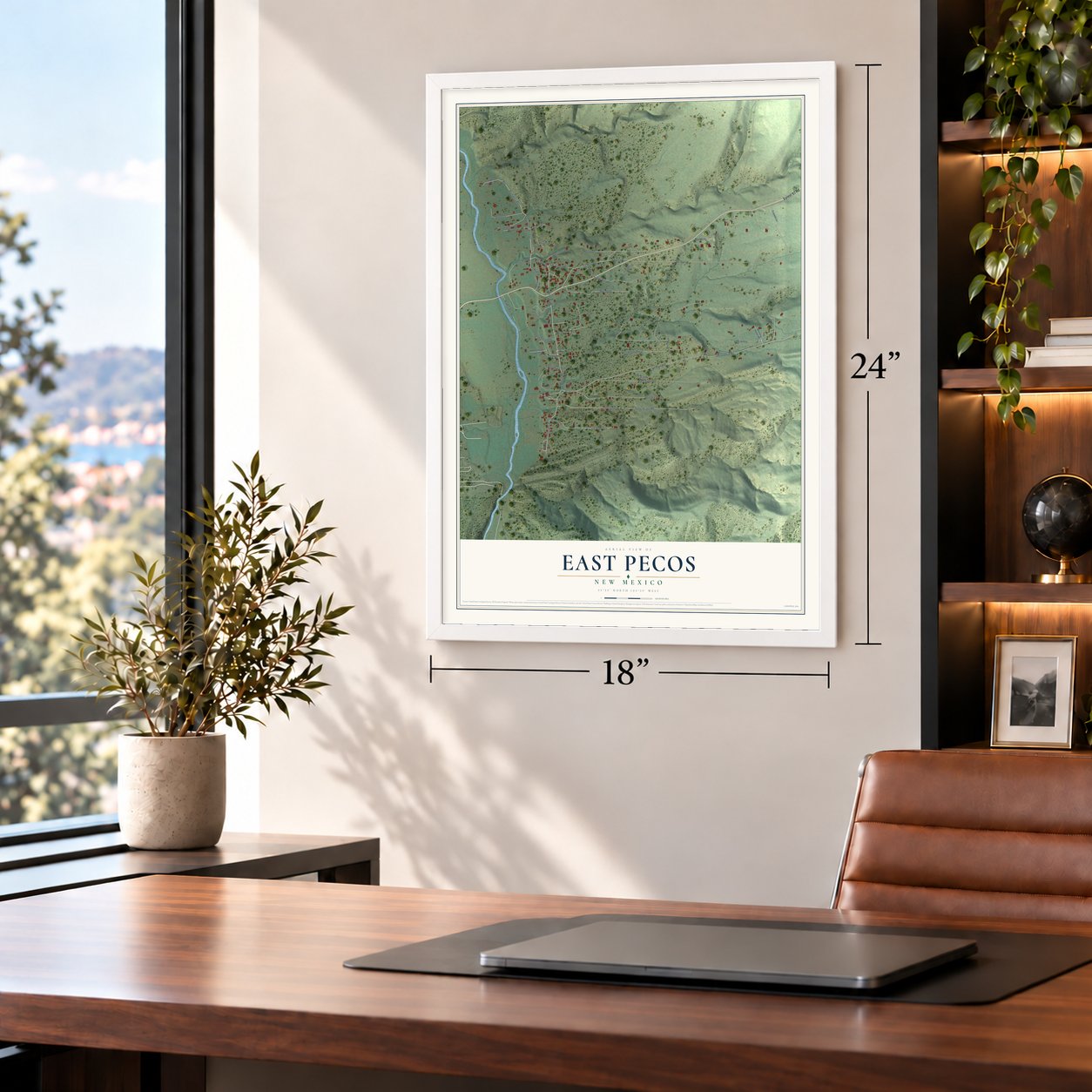 East Pecos, New Mexico map, 18 x 24 inch print in a white frame in a home office