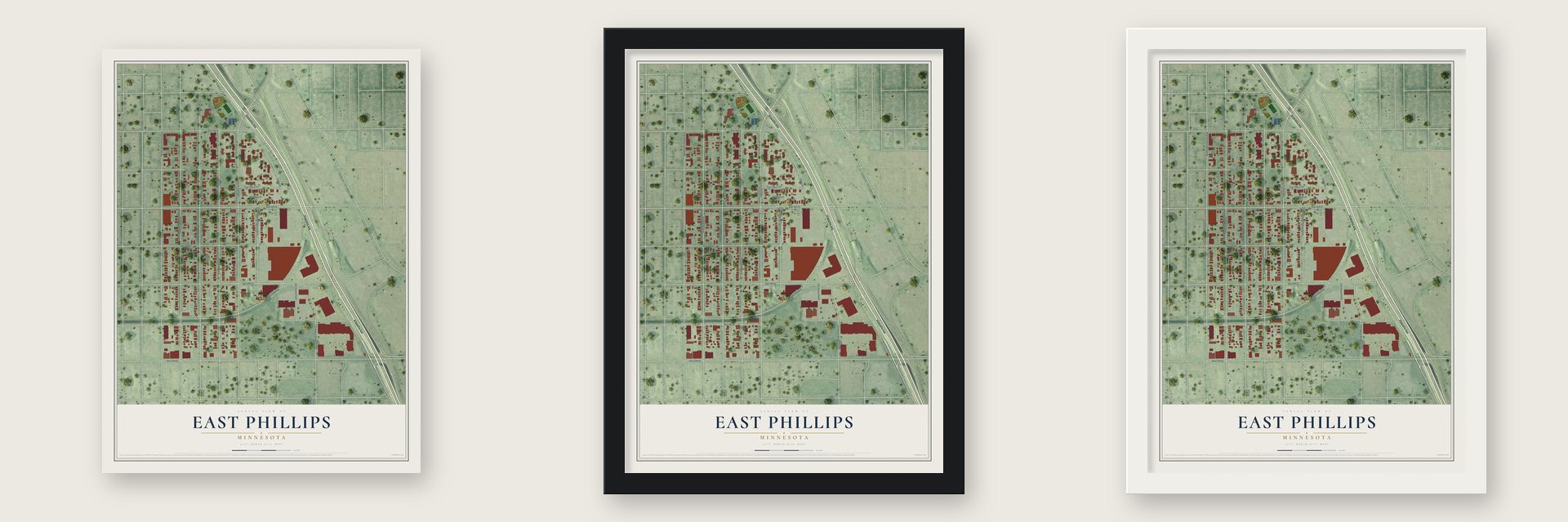 East Phillips, Minnesota map unframed, in a black wood frame and in a white wood frame