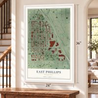 East Phillips, Minnesota map, 24 x 36 inch print in a white frame by a staircase