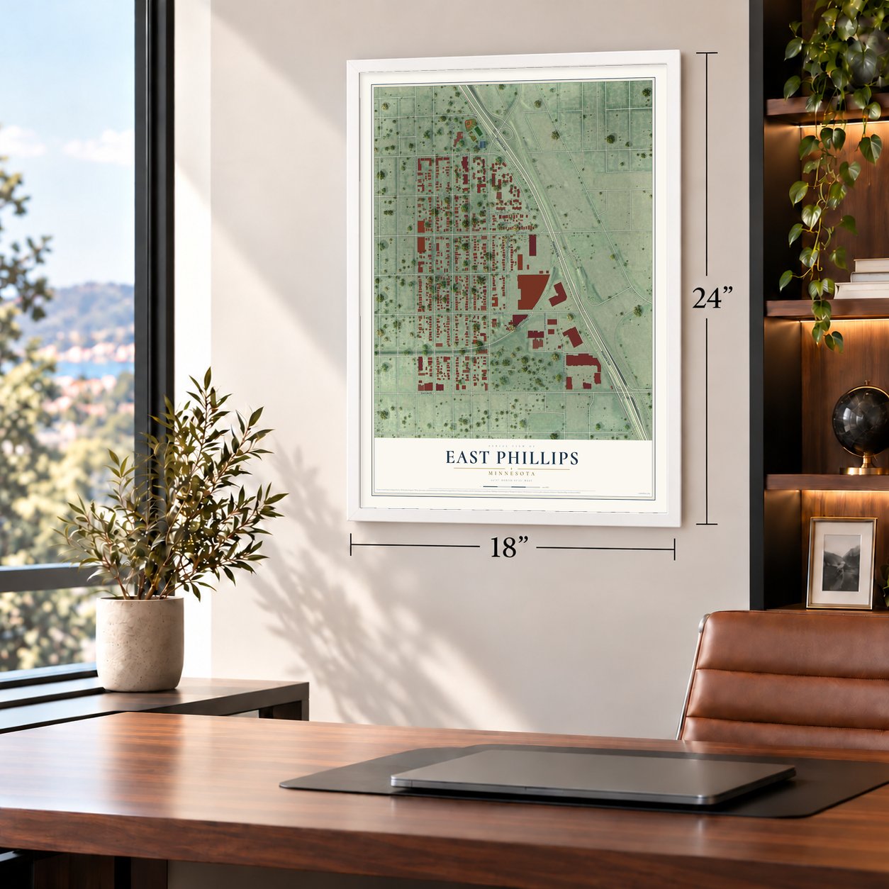 East Phillips, Minnesota map, 18 x 24 inch print in a white frame in a home office