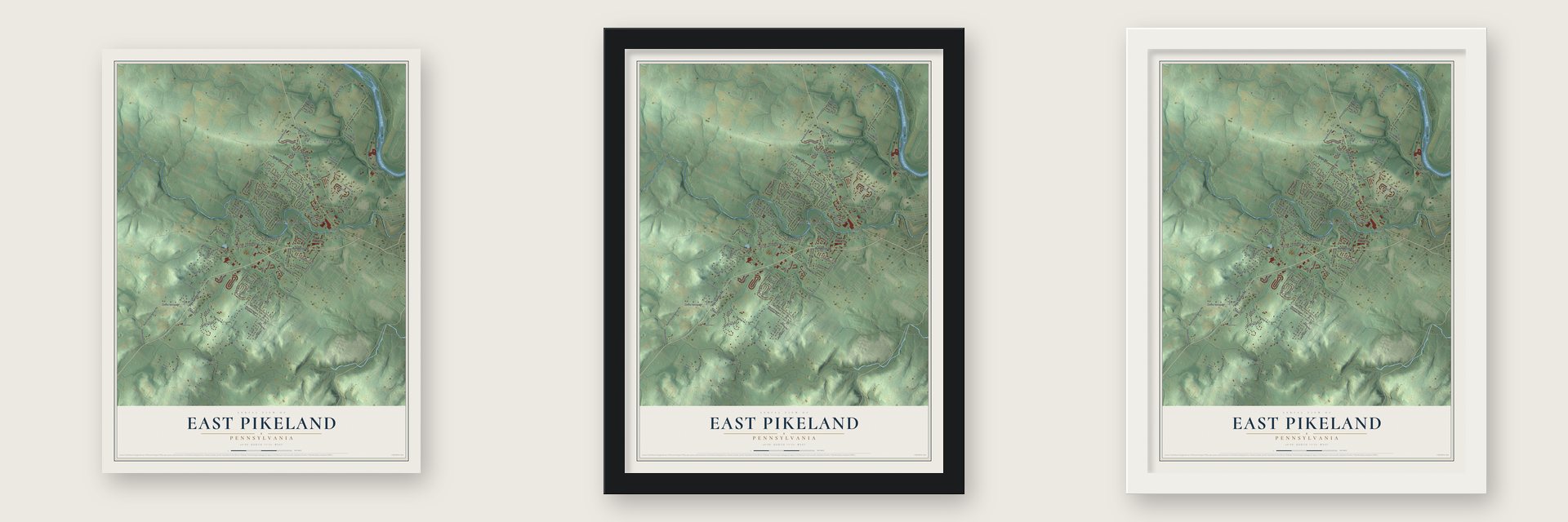East Pikeland, Pennsylvania map unframed, in a black wood frame and in a white wood frame