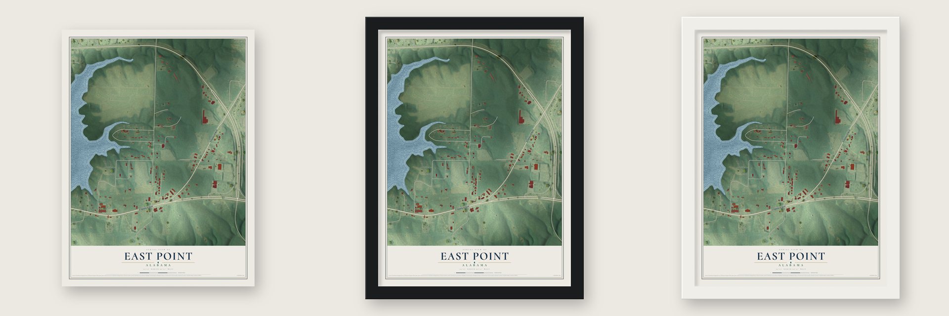 East Point, Alabama map unframed, in a black wood frame and in a white wood frame